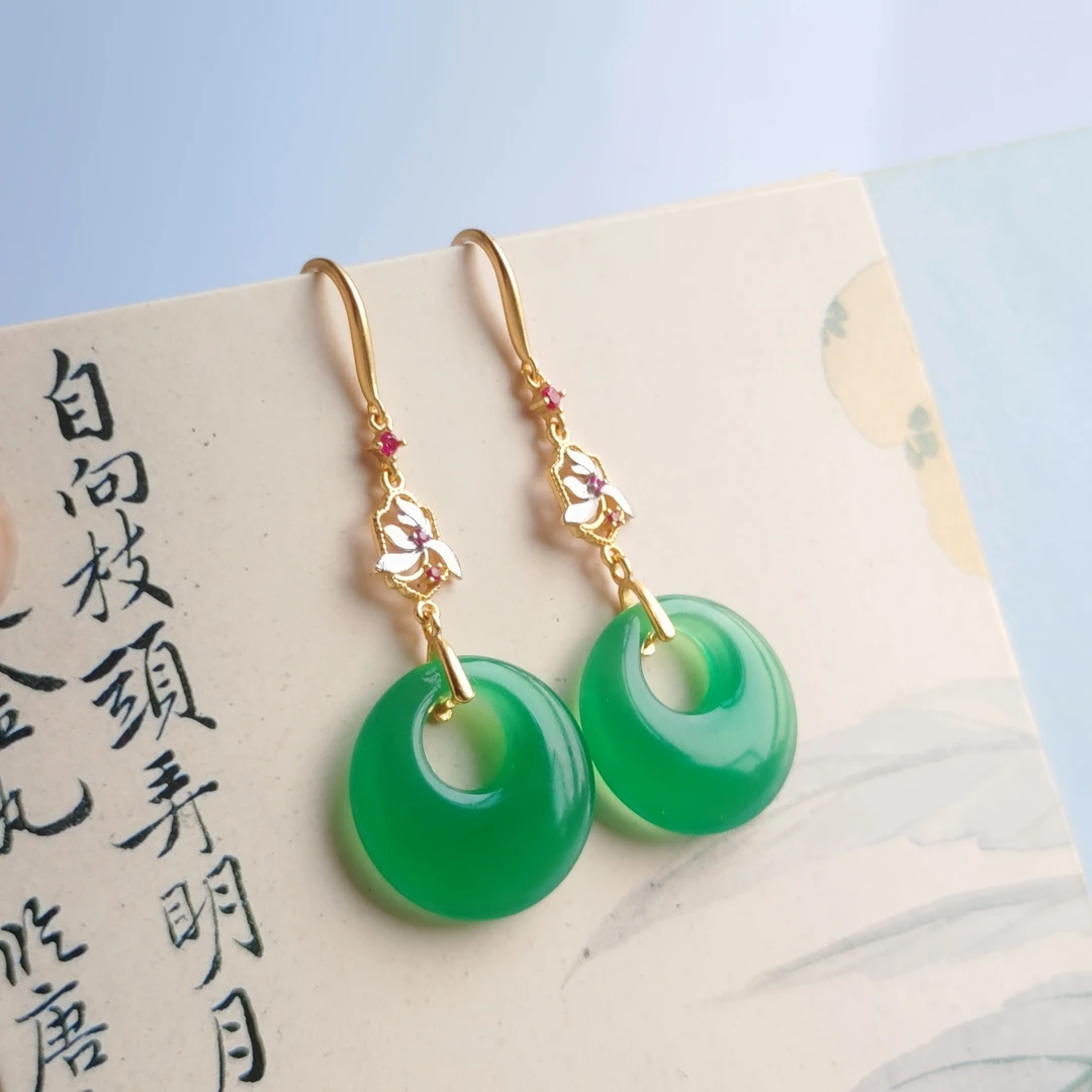 S925银天然绿玉髓平安扣耳坠银耳钩绿色玉耳环搭配旗袍811306