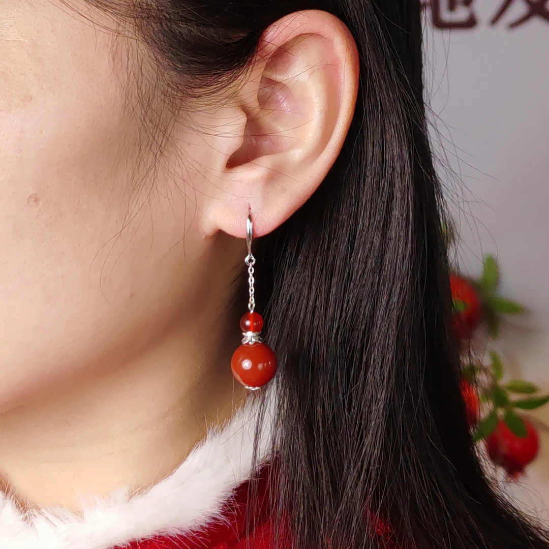 S925银镶12毫米玛瑙圆珠耳坠长链条莲花配饰双珠耳坠