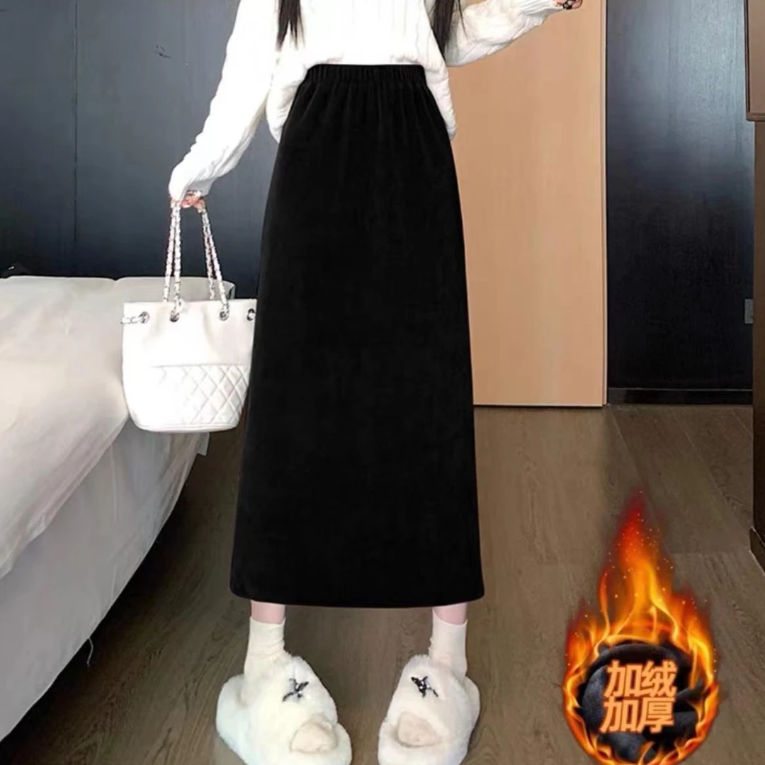 显瘦加绒加厚秋冬季包臀半身裙韩版松腰高腰偶棉绒女秋冬直筒裙