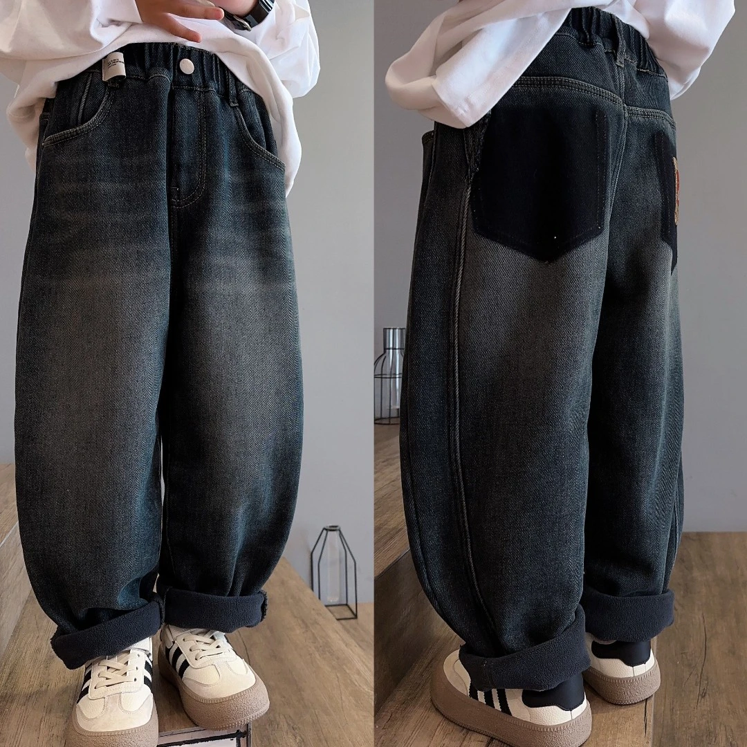 时尚百搭男童加厚牛仔裤2023冬季新款宽松中大童洋气儿童冬装裤子