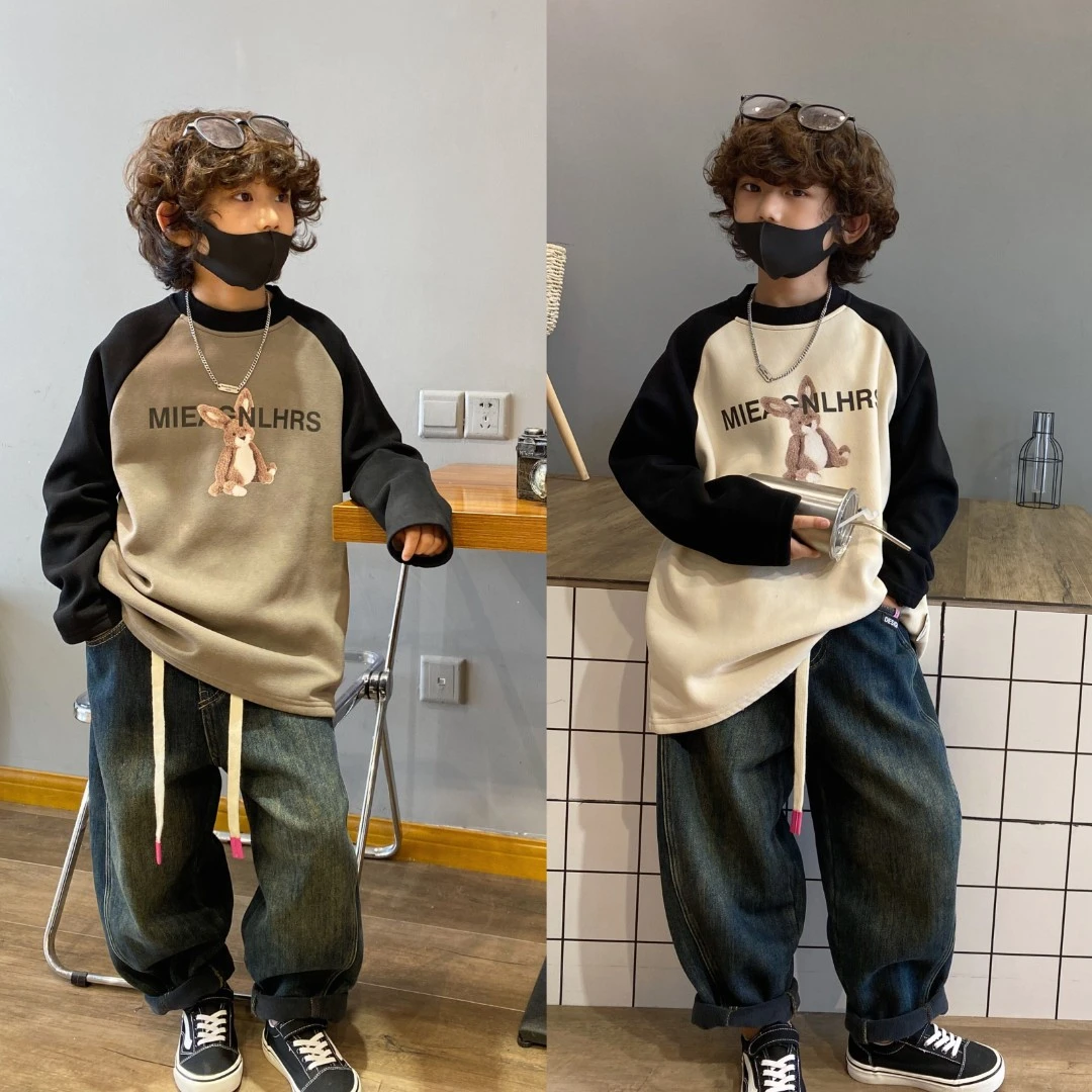 男童冬季新款插肩袖T恤加厚保暖宽松加绒洋气儿童一体绒打底衫潮