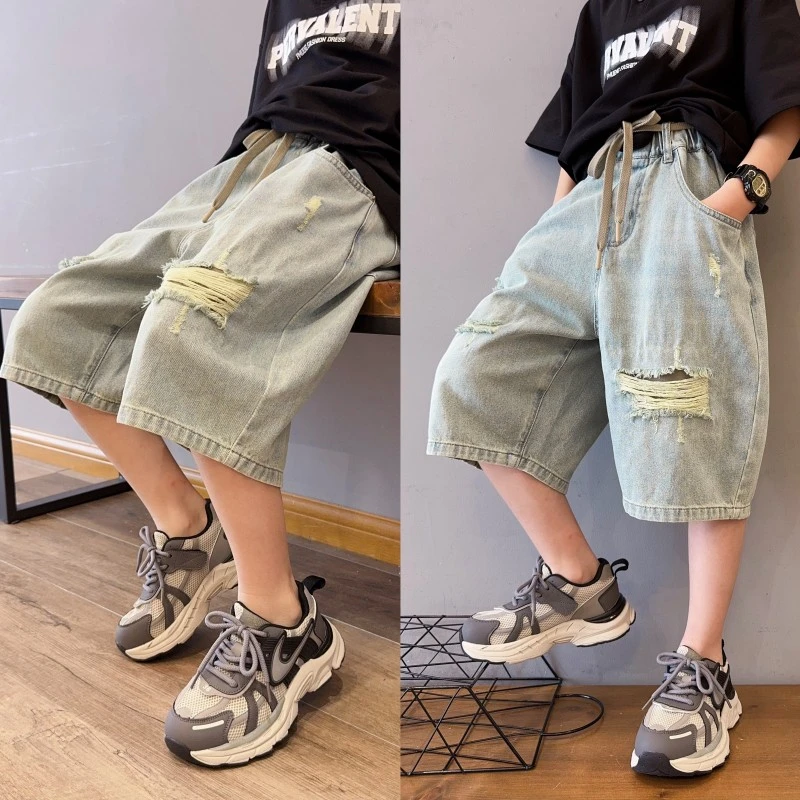 男童夏季破洞牛仔中裤百搭新款潮宽松薄款中大童休闲儿童夏装裤子