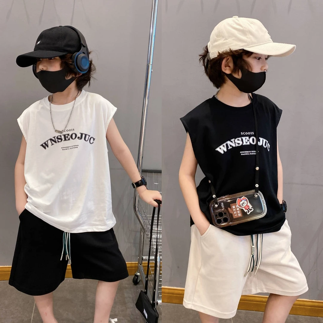 自制款男童字母无袖T恤2023夏季新款宽松韩版舒适透气款儿童夏装T