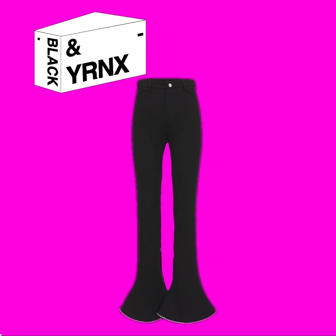 YRNX/伊然納暄 小众设计师原创款时尚女士黑色显瘦水钻款马蹄裤