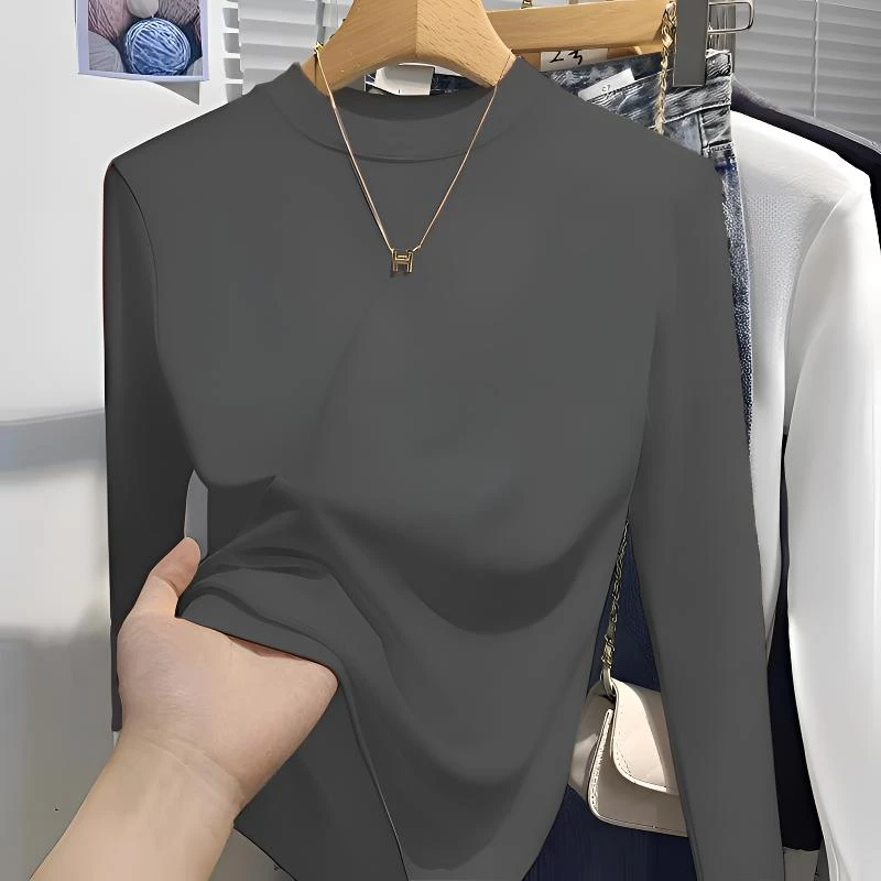 2024新款秋冬高级感长袖T恤修身上衣小立领灰色内搭德绒打底衫女