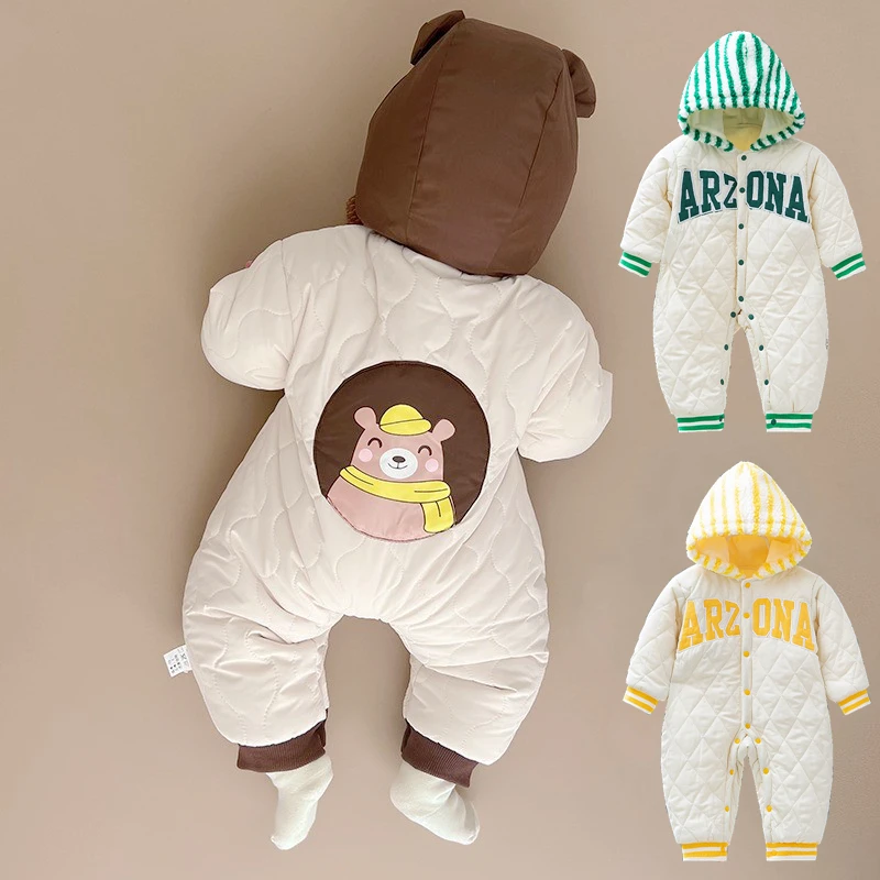婴儿夹棉连体衣服加绒加厚宝宝保暖哈衣新生儿童连帽外出服秋冬季
