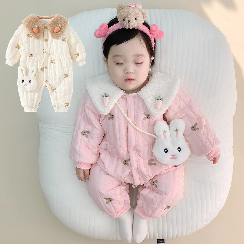 小公主风女宝宝夹棉连体衣加厚加绒婴儿哈衣新生儿童外出服秋冬季