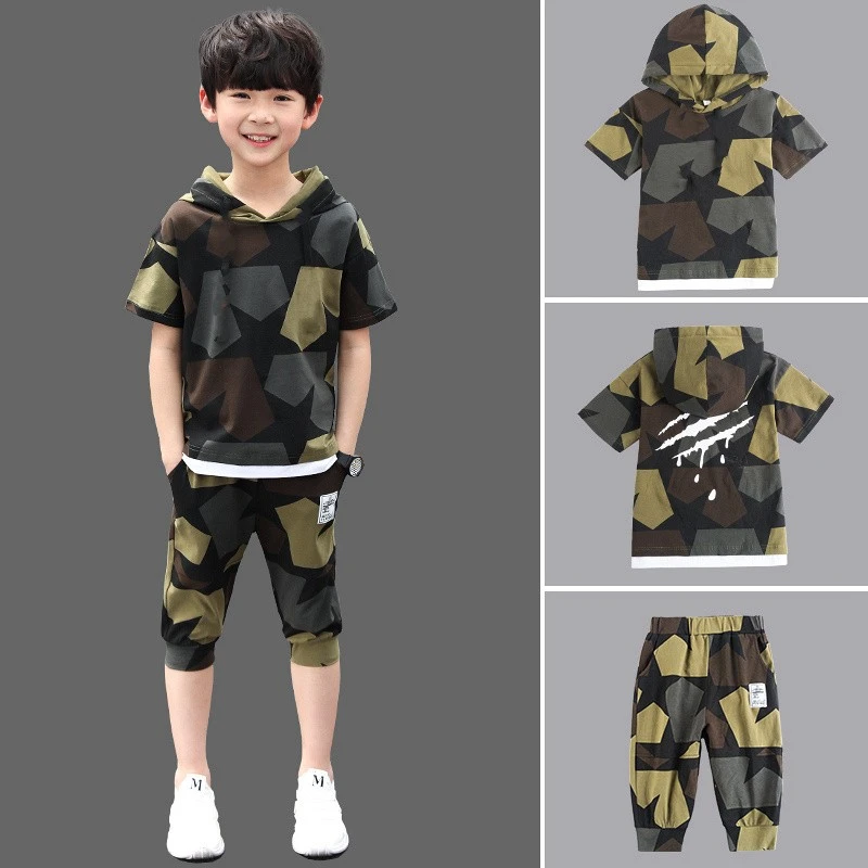韩版洋气儿童迷彩服男童短袖套装帅气中大童装小孩军训衣服夏季潮