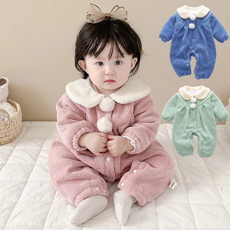 婴儿夹棉连体衣服加绒加厚女宝宝保暖哈衣新生儿童外出爬服秋冬季