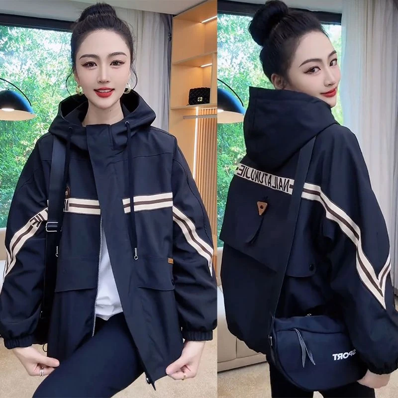欧货百搭休闲连帽冲锋衣外套女春秋韩版宽夹棉加厚服时尚棉服上衣