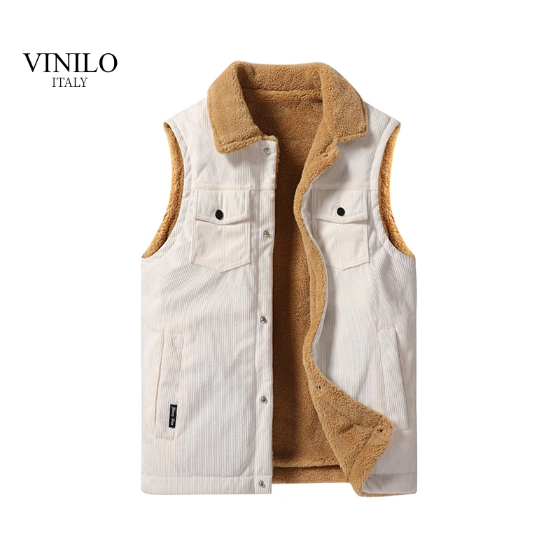 VINILO复古灯芯绒外穿马甲男秋冬翻领无袖外套羊羔绒加厚保暖坎肩