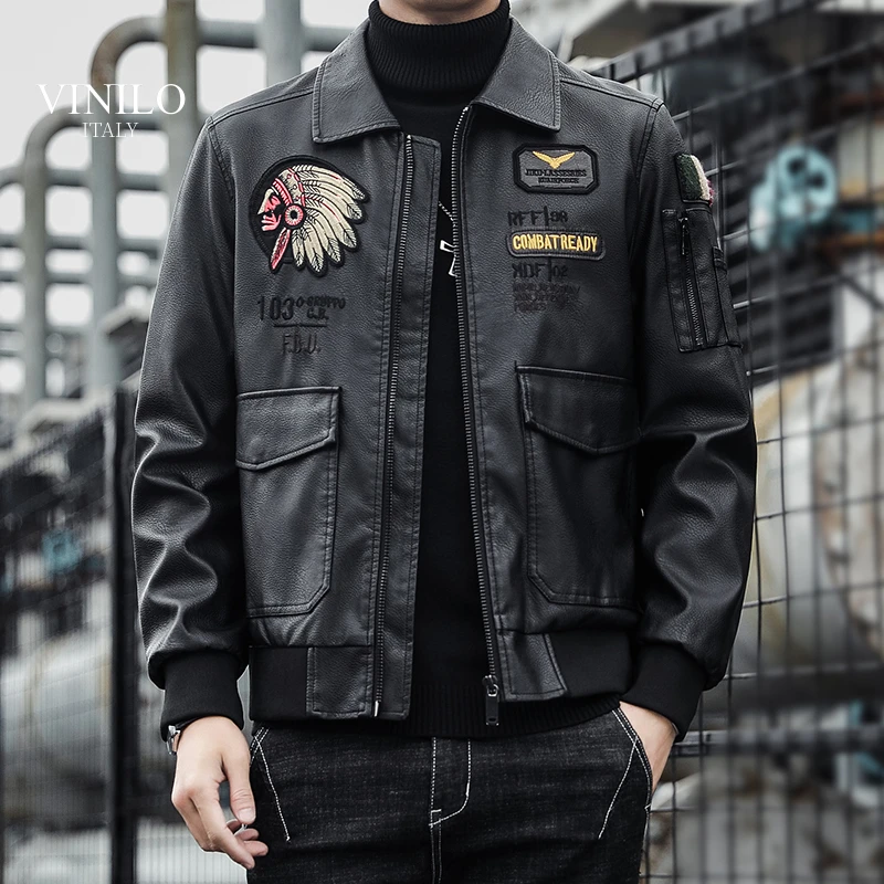 VINILO皮夹克男秋冬加绒机车服翻领印第安刺绣潮痞帅休闲皮衣外套