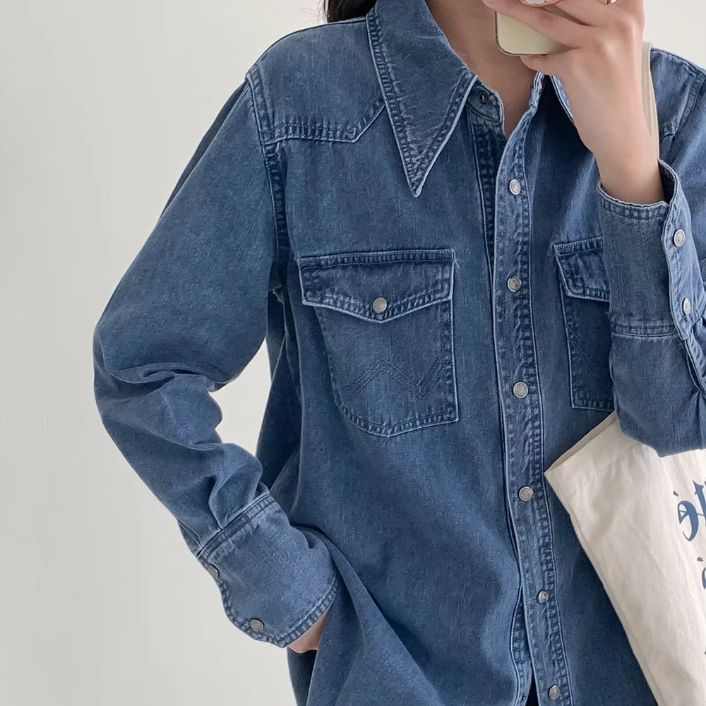 2024春季新款品质牛仔衬衫女简约复古抓毛百搭上衣外穿宽松外套