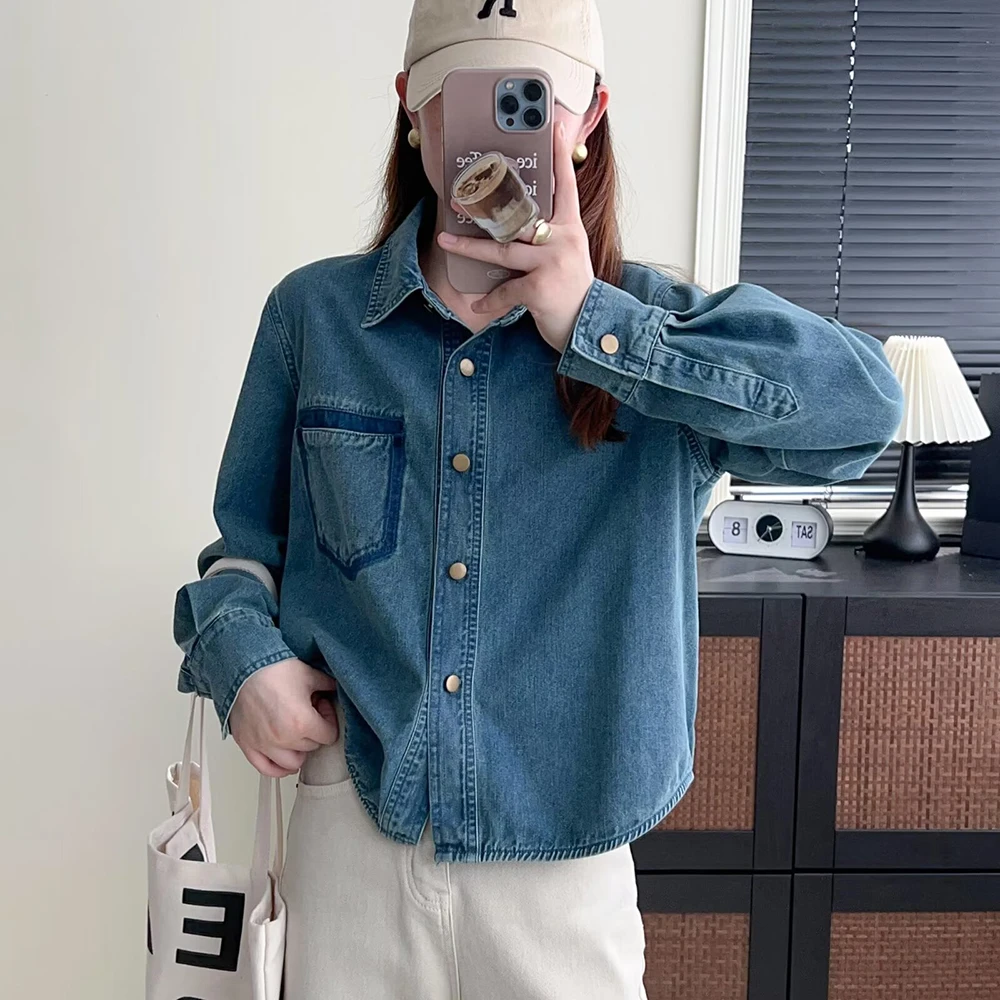 春秋新款短款牛仔衬衫女长袖设计感小个子外套休闲百搭衬衣时尚