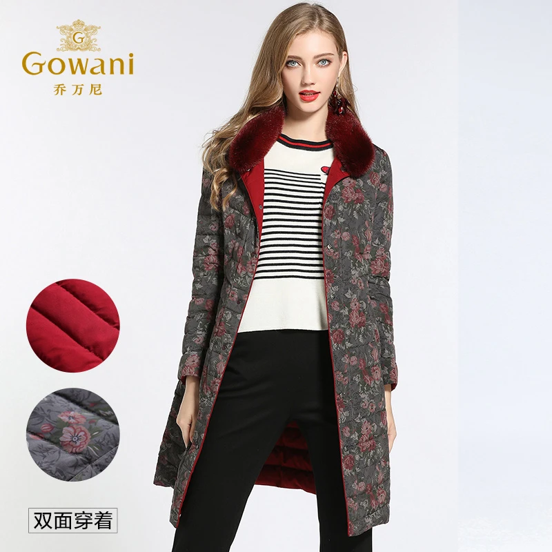 乔万尼羽绒服女新款水貂毛红色收腰A版两面穿中年女士中长款