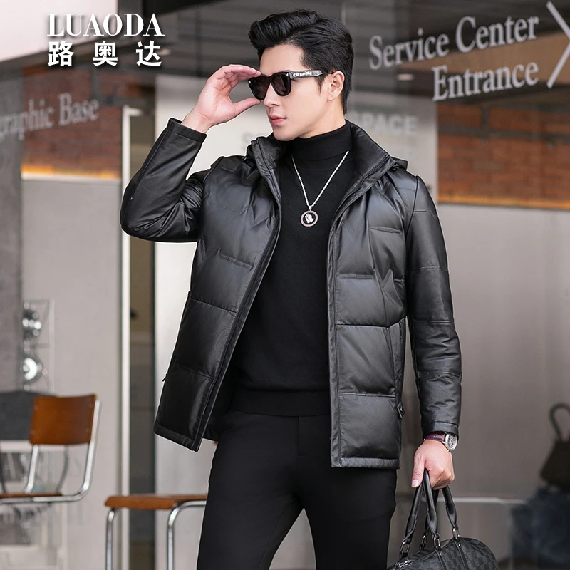 冬季头层牛皮真皮皮衣男连帽羽绒服中长款白鹅绒保暖加厚夹克外套