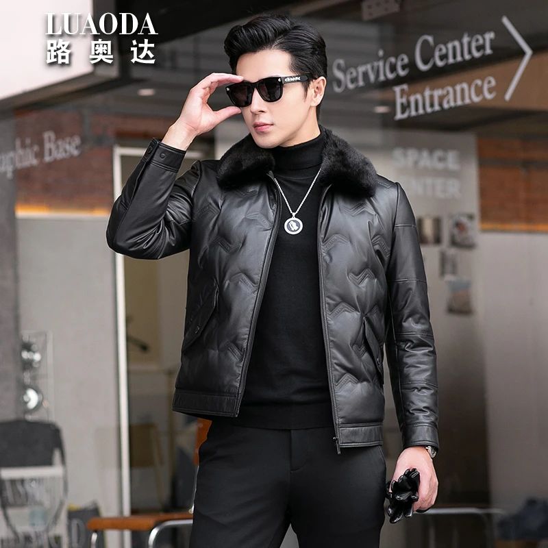 冬季真皮皮衣男士头层牛皮加绒短款水貂毛领皮夹克白鹅绒羽绒外套