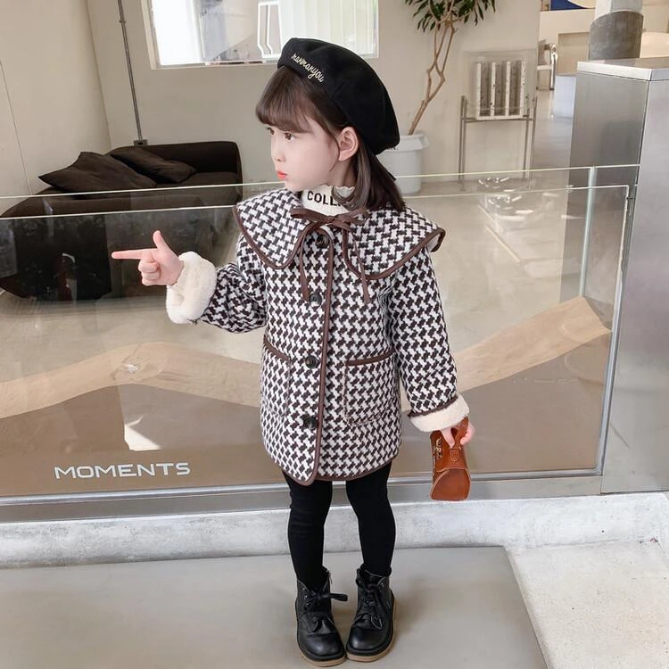 儿童毛呢千鸟格外套秋冬加厚小香风