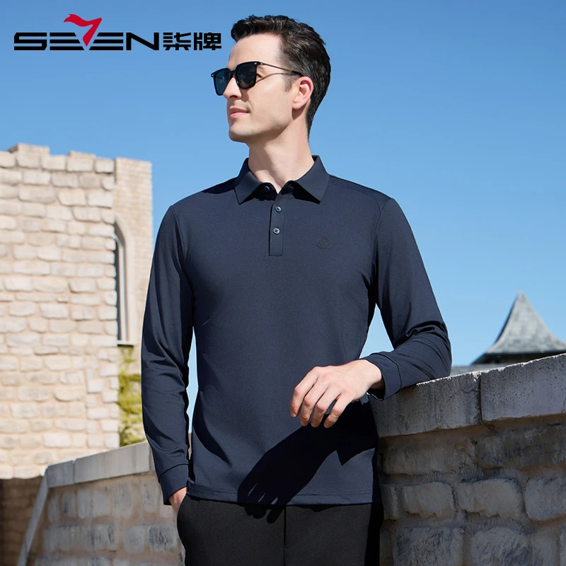 【无缝工艺】柒牌宽松polo衫男长袖2024秋季新款纯色翻领打底上衣潮