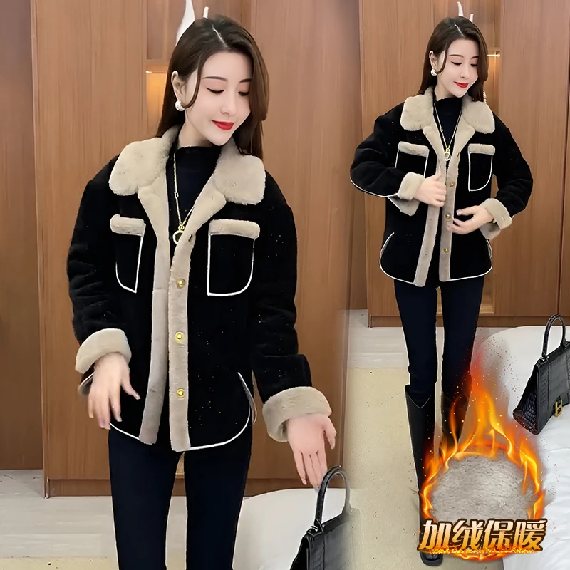 2024年冬新款时尚洋气百搭加绒加厚气质毛呢拼接黑色短小香风外套