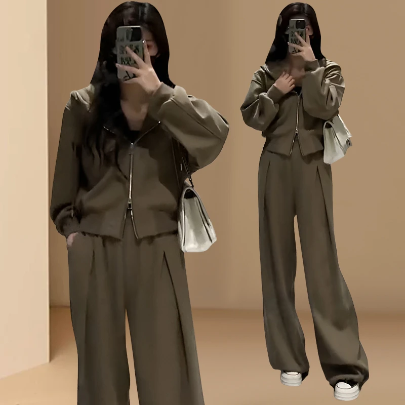 绿色连帽休闲运动卫衣外套上衣女2025新款法式春秋搭配一整套长裤