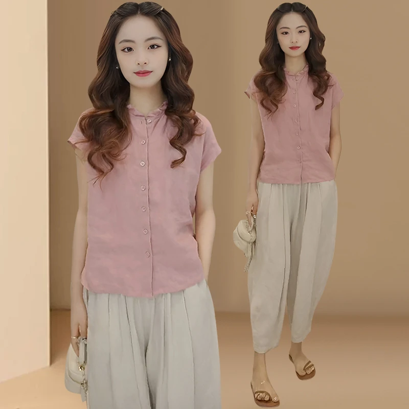 2025夏季新款女士轻奢气质短袖衬衫休闲百搭时尚简约小众纯色T恤