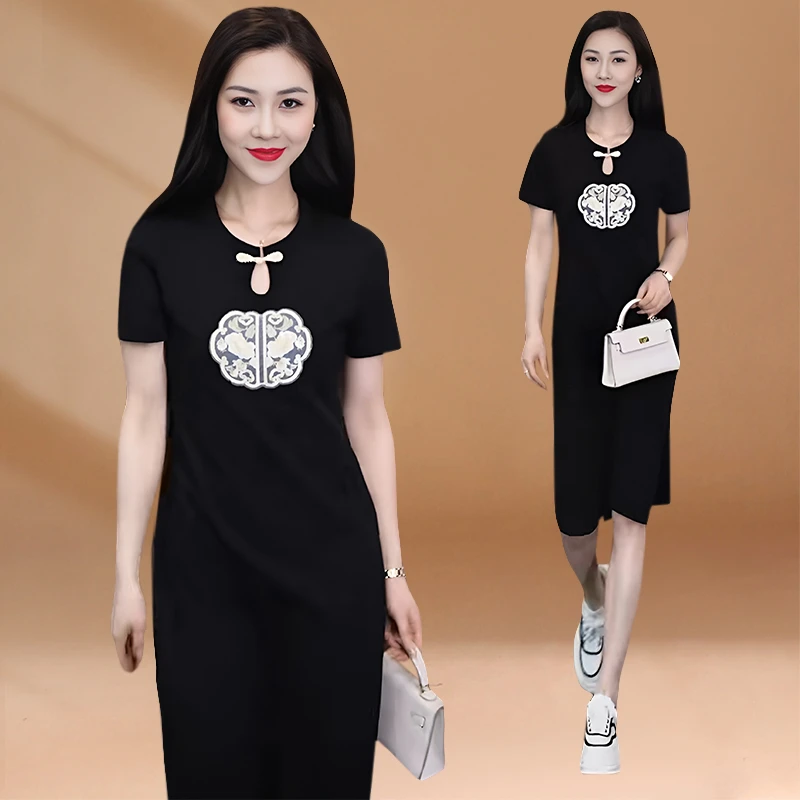 2025夏季新款国风时尚宽松显瘦气质开叉裙子潮休闲连衣裙女中长款