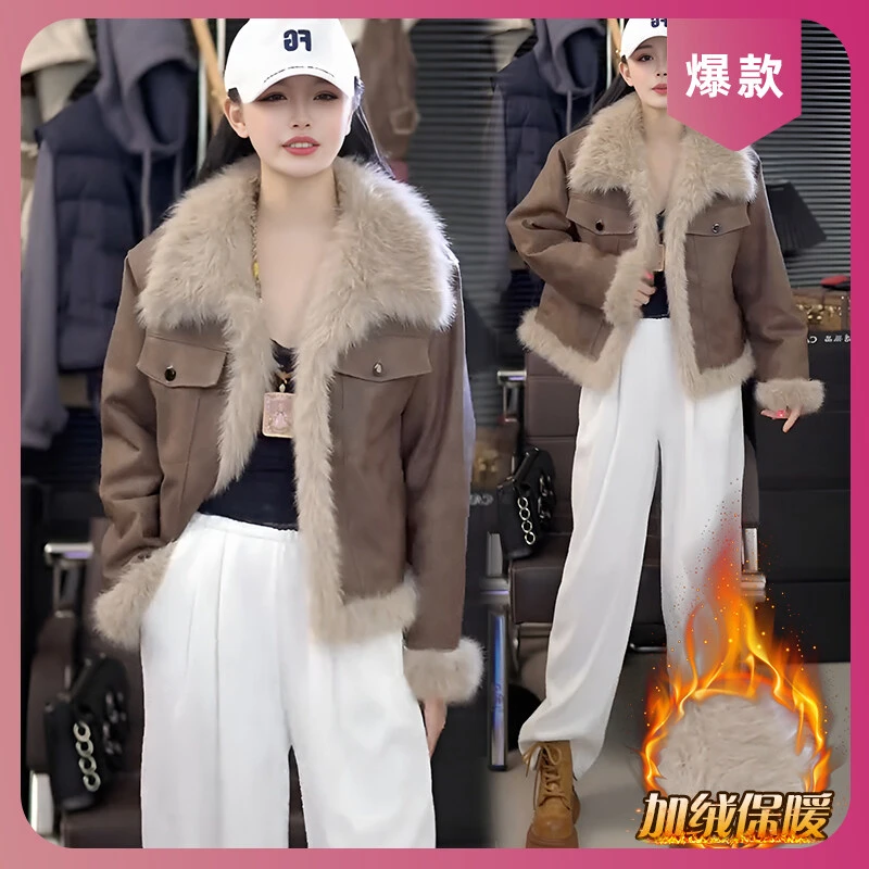 美式复古短款加厚皮毛一体外套女2025秋冬季新款显瘦加绒保暖大衣