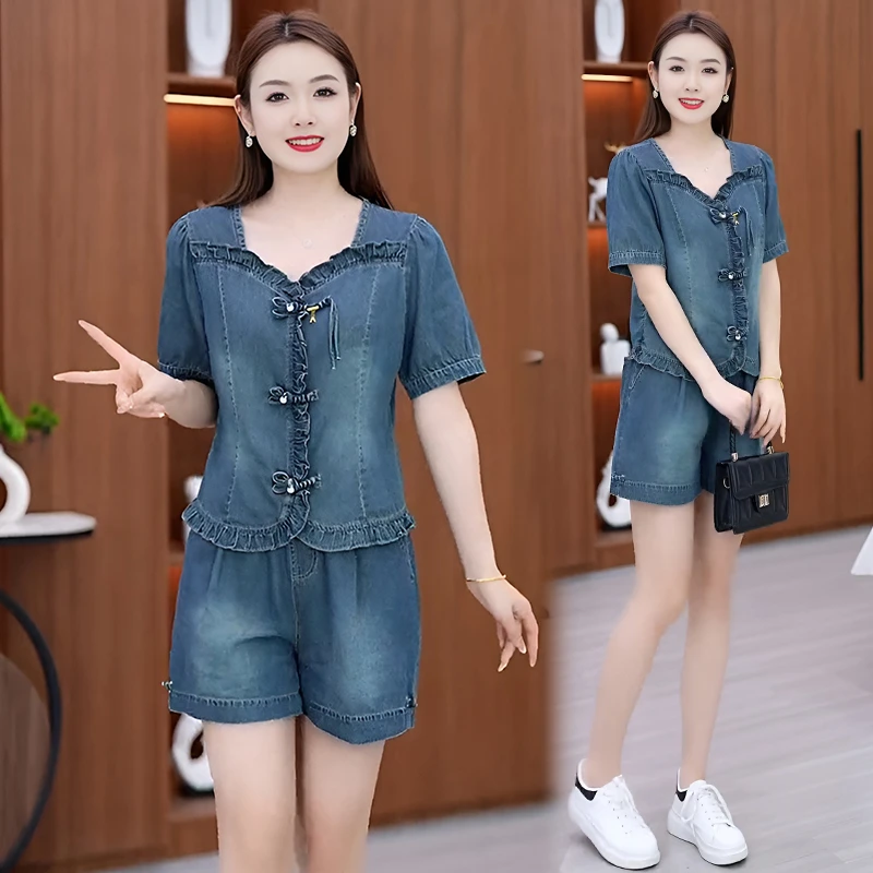 新中式国风牛仔短裤套装女夏季新款小个子时尚成套穿搭薄款两件套