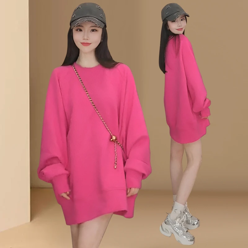 春秋新款欧货圆领玫红色长袖中长款卫衣女欧洲站时尚休闲字母上衣