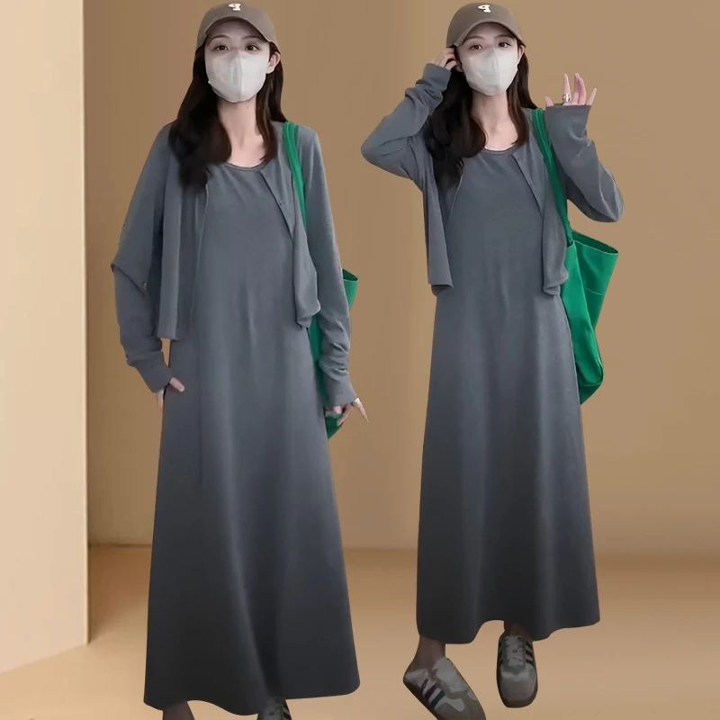 2025年春秋新款韩版时尚气质百搭长袖开衫+显瘦背心连衣裙两件套