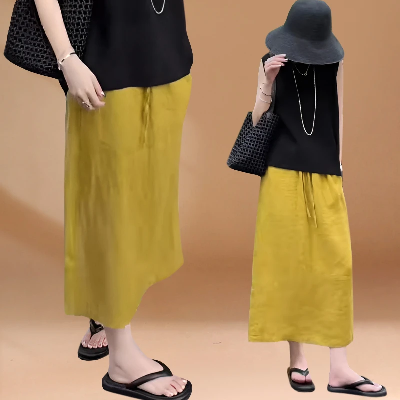 欧货简约纯色大码半身裙女宽松显瘦高级感气质开叉休闲中长款裙子