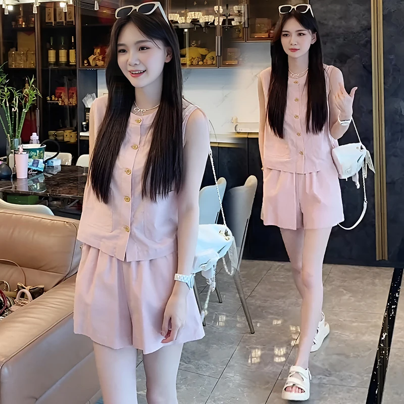 2025夏季新款韩版时尚套装女高级感气质无袖马甲上衣+阔腿短裤潮