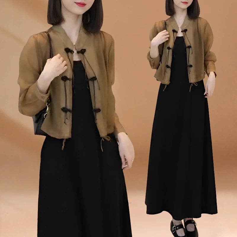 新中式国风套装女春夏装搭配一整套盘扣上衣外套吊带连衣裙两件套