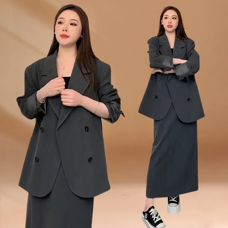 2025春秋新款宽松高级感西装外套女半身裙别致洋气赫本风两件套装