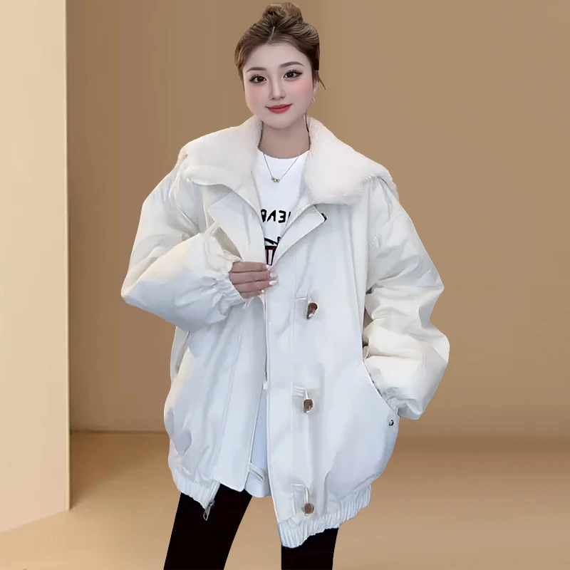 工装派克服女2024冬季新款宽松设计感小众加厚保暖牛角扣棉服外套