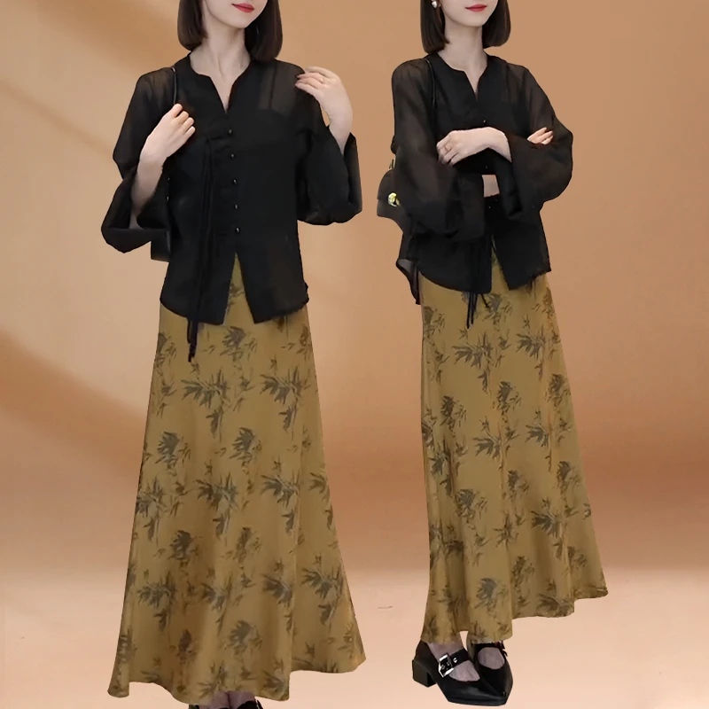 今年流行新中式国风高级感黑色盘扣衬衫黄色半身裙两件套装女夏季