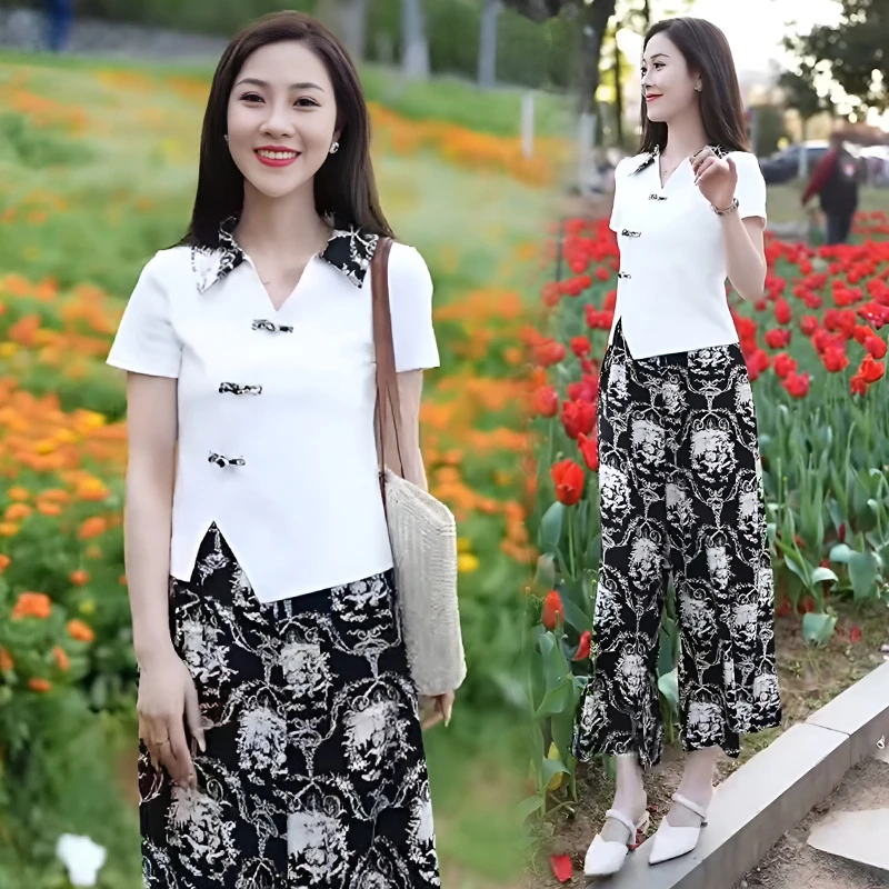 今年流行时尚国风套装女2025新中式夏季洋气减龄短袖阔腿裤两件套