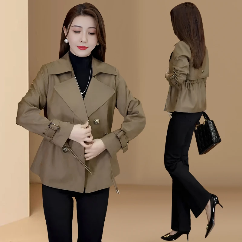 休闲短款风衣女装2025春秋韩版宽松收腰显瘦纯色百搭抽绳大衣外套