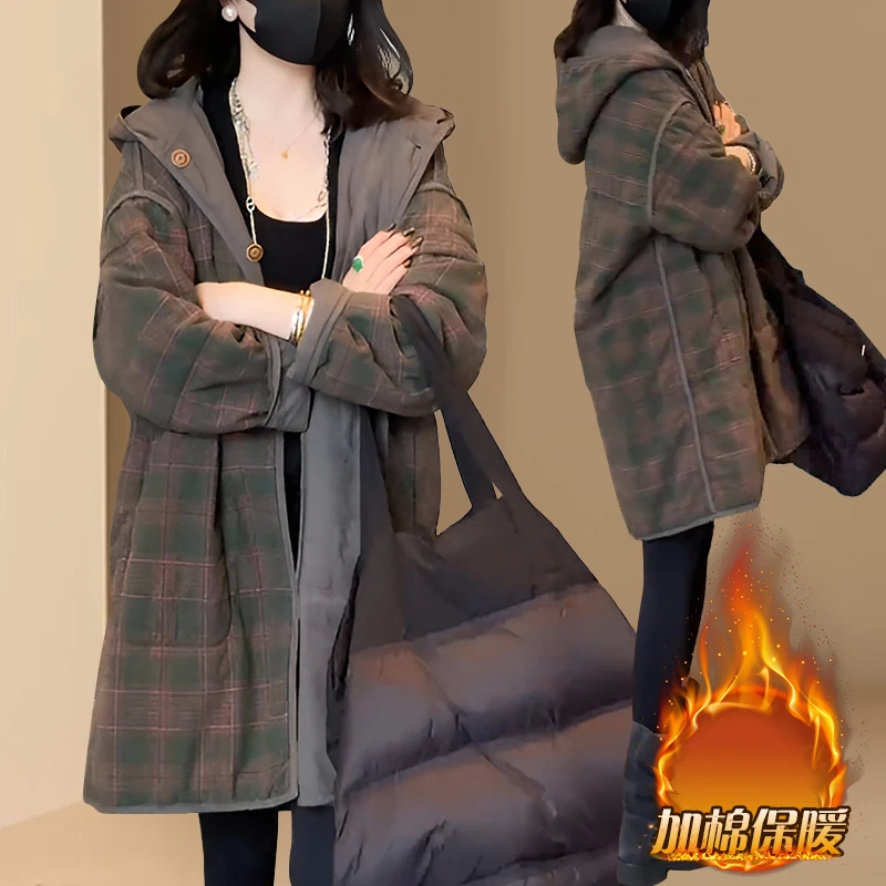 2025秋冬新款高级感简约气质棉服女中长款连帽休闲宽松大码外套