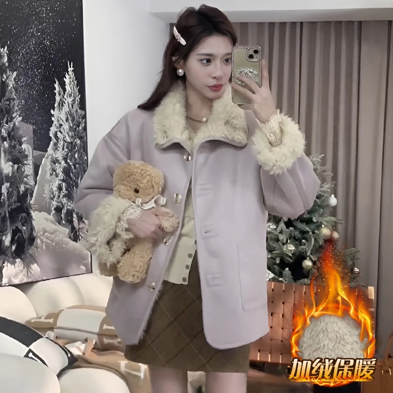 皮毛一体外套女2025新款秋冬季加绒加厚保暖宽松显瘦两面穿大衣潮
