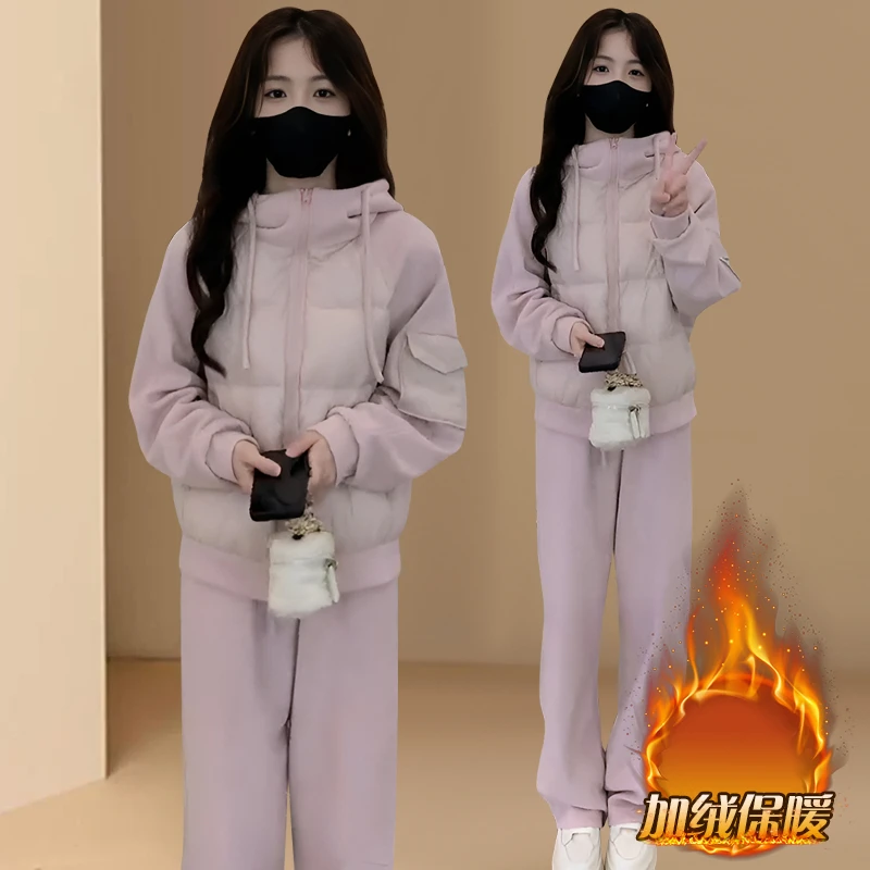 时尚休闲潮流一整套深冬穿搭新款粉色甜美风拉链加绒卫衣两件套女