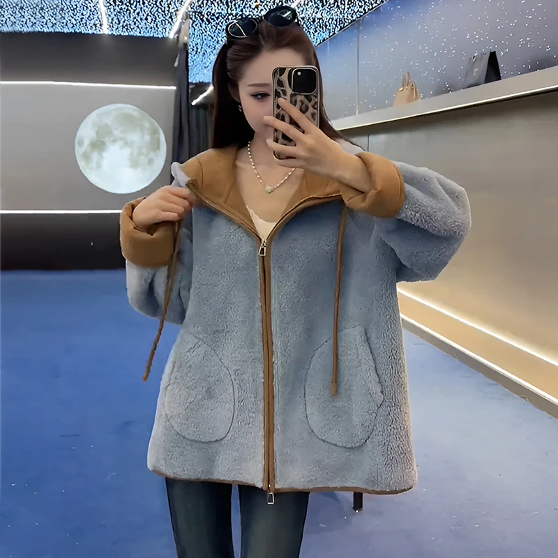皮毛一体外套女冬季2024新款韩系慵懒风爆款流行加厚保暖毛毛上衣
