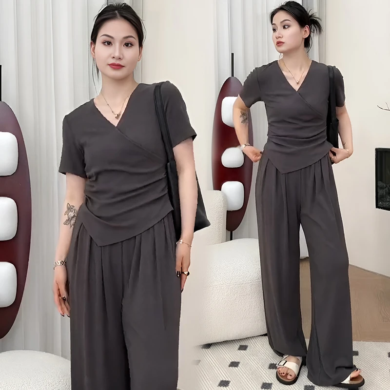 大码韩版V领皱褶交叉短袖夏季胖mm阔腿裤甜辣风时髦显瘦遮肉套装