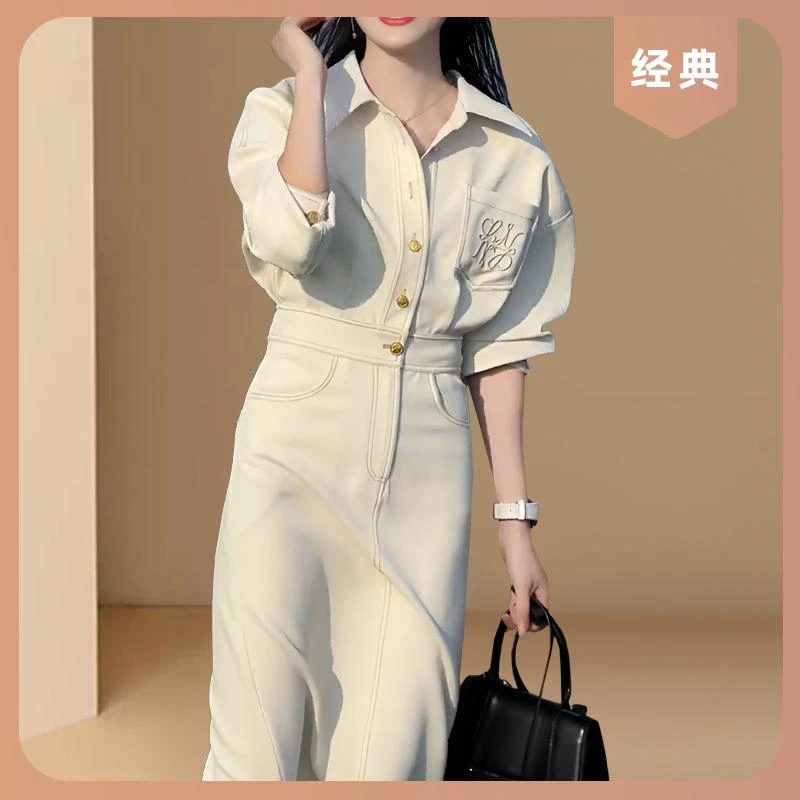 春秋高级感时尚长袖连衣裙女漂亮收腰中长裙新款气质优雅开叉裙子