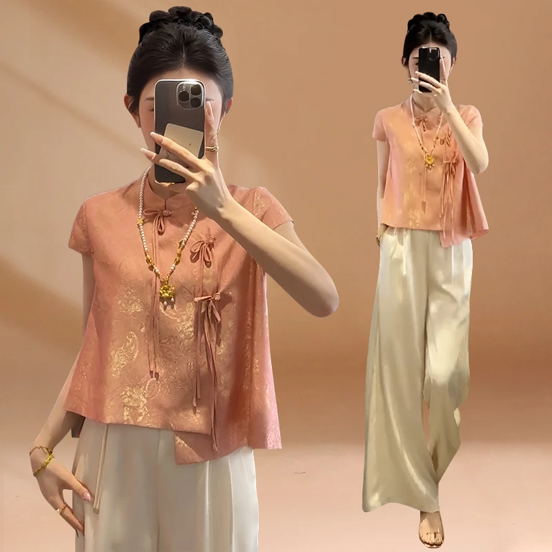 2025夏季新款新中式国风斜扣立领衬衫高级感气质重工提花短袖衬衣