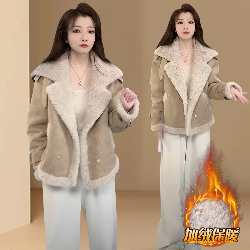 秋冬加厚皮毛一体设计感短外套女2025冬季新款爆款复古宽松机车服