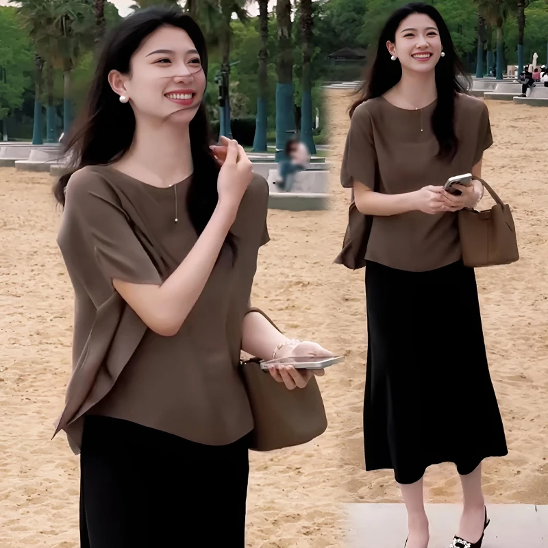 气质纯色衬衫女蝙蝠衫短袖2025夏季新款时尚小衫独特别致T恤上衣