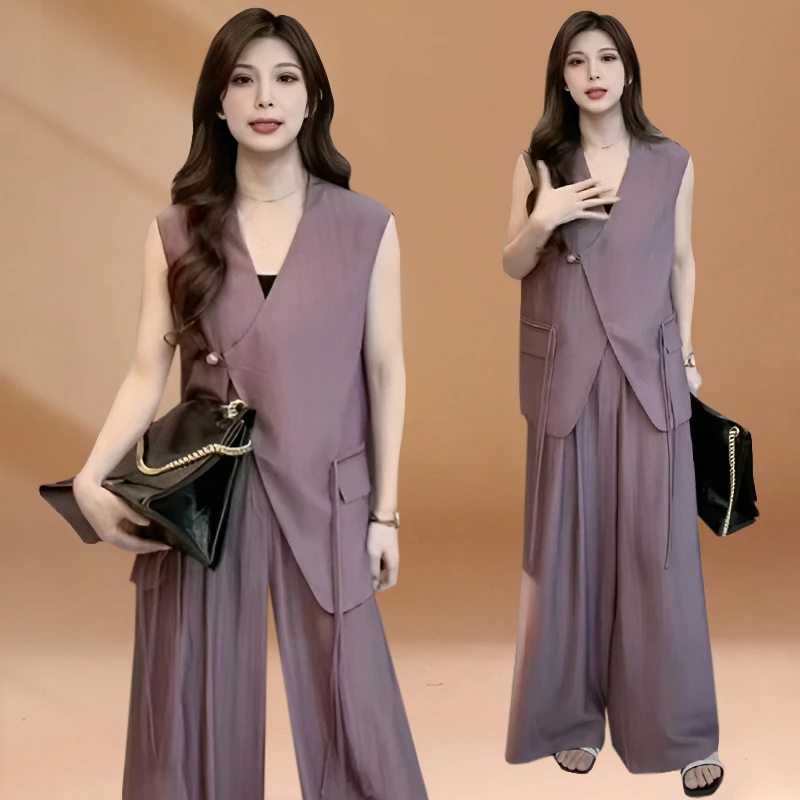 2025夏季新款洋气质时尚套装女无袖灰色宽松显瘦上衣阔腿裤两件套