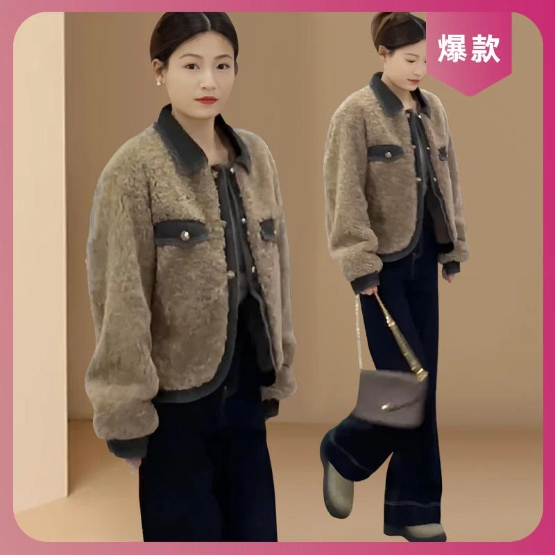 小香风翻领洋气拼接毛毛外套女秋冬新款休闲百搭短款时尚气质上衣